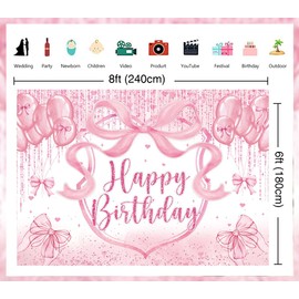 Bow Coquette Birthday Party Decorations Pink Bow Happy Birthday Photography Background for Girls Women Bachelorette Party Decorations Banner Supplies (8x6FT: 96x72 inch)