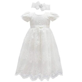 Glamulice Light Ivory White Baby Girls Flower Christening Baptism Dress Formal Party Special Occasion Dresses for Toddler 6-12 Infant Holiday Birthday Wedding Pageant Gowns & Lace Headband Church 6M