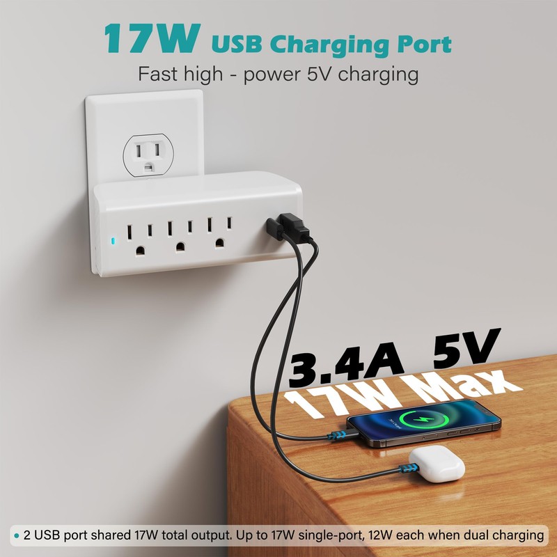 Surge Protector Outlet Extender Wall Tap Adapter, 3 AC Multi-Outlet