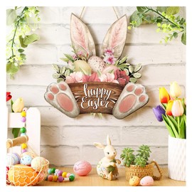 Happy Easter Door Sign Plaque Easter Egg Bunny Welcome Door Wreath Easter Hanging Wooden Door Decorations with Bow for Easter Shop Home Garden Spring Decor (Rabbit)