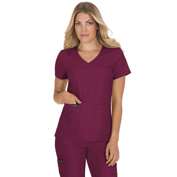 KOI Basics 373 Women's Becca V-Neck Solid Scrub Top (Wine,