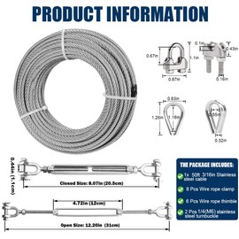 Fologtoo 50FT 3/16" Wire Rope Kit, 3/16" Stainless Steel Cable with 2 Pcs 1/4 Turnbuckle, Wire Rope Clamp& Thimble, 7X19 Strands Aircraft Cable, 3700lbs Breaking Strength for Zipline, Deck Railing