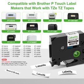 Labelife 9mm Label Tape TZe-221 Replace for Brother P Touch TZe TZ Tape 9mm 0.35 Laminated White Label Tape TZe221 Work for Brother Ptouch Label Maker PT-D210 PT-H110 PT-D220 PT-D400, 3/8 Inch, 4-Pack