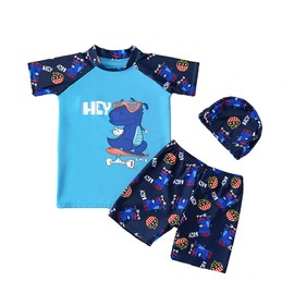 NautySaurs Boys Swimming Costume Two Piece Swimwear with Cap for Kids Dinosaurs Shark Rash Guards Trunks Swim Set, Dinosaur Blue