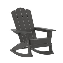 Flash Furniture Newport Adirondack Rocking Chair with Cup Holder, Weather Resistant Poly Resin Adirondack Rocking Chair, Gray, Set of 1