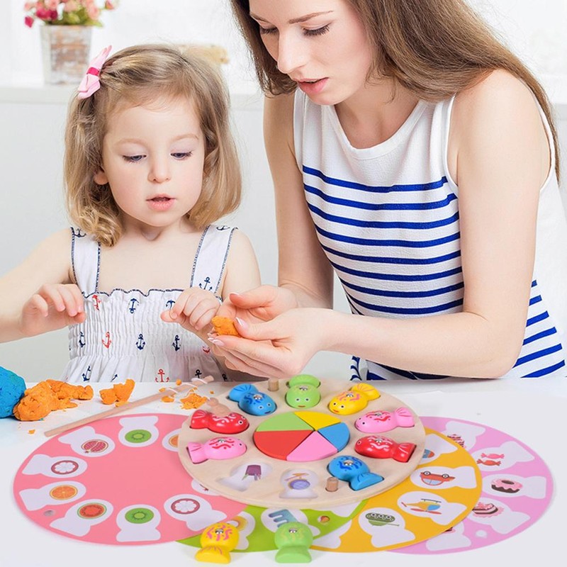 Wooden Magnetic Fishing Game Toys with Tangram Puzzles for Kids