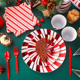 Uiifan 230 Pcs Christmas Disposable Dinnerware Plastic Guest Tableware Set, Include 30 Candy Cane Dinner Plates, 30 Dessert Plates, 30 Cups, 50 Napkins, 90 Knife, Fork, Spoon for Xmas Party Decoration
