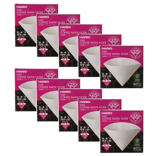 10 X Hario V60 Size 02 40-Count Boxed Coffee White Paper Filters, 10 Boxed Value Set (Total of 400 Sheets)