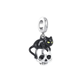 Black Cat and Skull Charm For Charm Bracelet, Sterling Silver Charm, Animal Charm, Pet Charm, Skull Charm