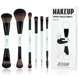 Jessup Brush Set Makeup Brush Set, 6-Piece Make Up Brush, 10-in-6 Duo End Brush Must-have Collection, Foundation Powder, Eyeshadow, Contour, Eyeliner, Highlighter, Blush Brush, Light Cyan T501