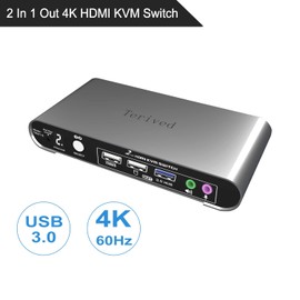 Terived 2 Port HDMI USB 3.0 KVM Switch with Aluminum Alloy Shell and Digital Display,Audio/Microphone, 4K@60Hz,hotkey,Auto EDID, HDR10 with Cables