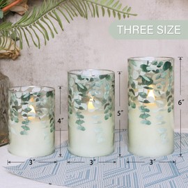 Immeiscent Green Glass Flameless Candles Remote Timer Eucalyptus Leaves Greenery Design Battery Operated Flicker Pillar Candle for Wedding Centerpiece Spring Easter Farmhouse Home Decoration, Set of 3