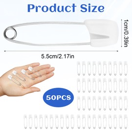 CJMUQHEHH Pack of 50 Safety Pins for Babies, 55 mm Safety Pins Large with Locking Clasp, Robust Safety Pin Stainless Steel with Plastic Clasp, Safety Pins for Nappies, Clothes, White