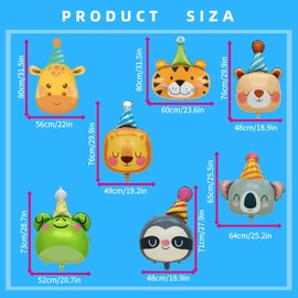 7PC Animal Head Balloons with Birthday Hats - Jungle Theme Foil Decor for Kids Birthday & Baby Showers (Giraffe/Bear/Lion/Tiger/Koala/Frog/Sloth)
