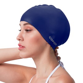 COPOZZ Adult Swim Caps, Silicone Waterproof Comfy Bathing Cap Swimming Hat for Long and Short Hair (Blue-12yrs+)