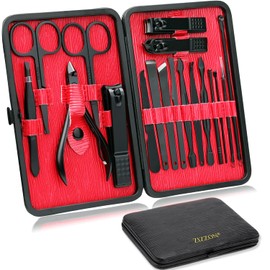 ZIZZON Manicure Set 18 in 1 Professional Pedicure Set Nail scissors Grooming Kit with Leather Travel Case (Black/Red)