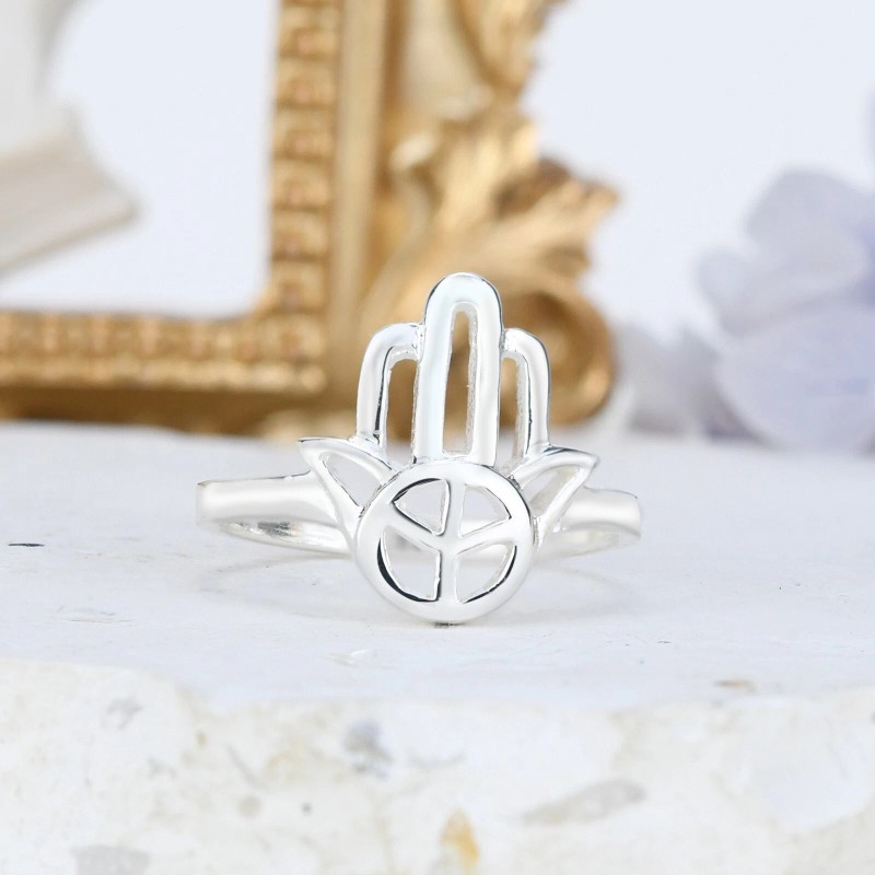 AeraVida Hamsa with Peace Sign Sterling Silver Peaceful Hamsa Ring-8