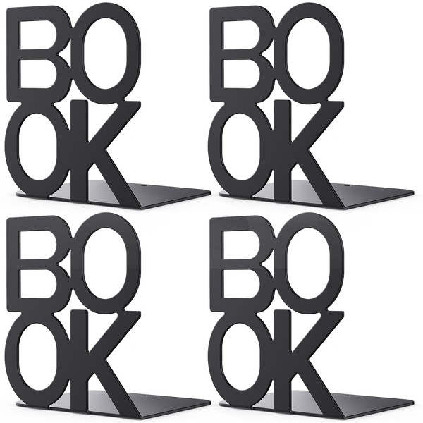 Book Ends - Decorative Metal Book Ends Supports for Bookrack Desk (Black Book Ends 4 Pack)