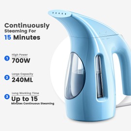 HiLIFE Steamer for Clothes, Portable Handheld Design, 240ml Big Capacity, 700W, Strong Penetrating Steam, Removes Wrinkle, for Home, Office and Travel(ONLY FOR 120V)(Sky Blue)