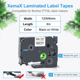 Xemax Compatible Label Tape Replacement for Brother P-Touch Tze-211, Tze-221, Tze-231, Cassette Tape for PT-E110, PT-H110, PT-D200, PT-P750W, PT-H105, PT-1000, Black on White, 6mm/9mm/12mm x 8m, Pack of 3