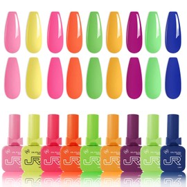 JR 9Colors 0.5oz Neon Gel Nail Polish Set Including Red Pink Nude Blue Orange Gel Polish Kit UV Light Soak Off Polish Home DIY Gift F