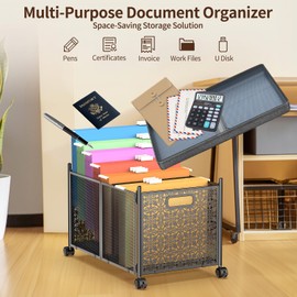 Modanais File Organizer Box, Large File Box for Hanging Letter/Legal Size File, File Folder Storage Box with Wheels, Decorative File Box for Office/Decor/Home, Metal (2 Pack)