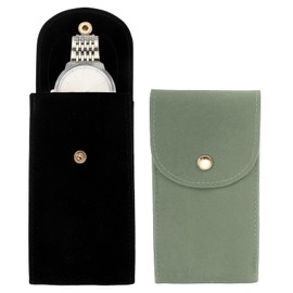 sourcing map 2 Pcs Velvet Watch Pouch, Portable Watch Travel Case Soft Watch Storage Bag with Snap Button Concave Inner Pad for Men and Women Gift, Black/Gray