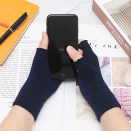 ZLYC Women Winter Fingerless Gloves Wool Knit Half Finger Stretch Glove(Solid Navy)
