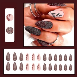 24Pcs Almond False Nails Medium, Matte Red Press on Nails Acrylic Full Cover Stick on Nails with Leaves Designs, Stiletto Glossy French Tips Autumn Fake Nails for Women Girls