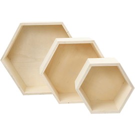 Creativ Company 56430 Hexagon Shelves, H: 14,8+19+24,2 cm, Depth 10 cm, Plywood, Hexagonal, 3 Assorted Shelves and Sizes