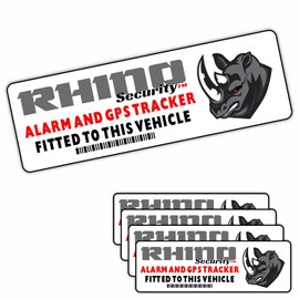 4 x Stickers Rhino GPS Tracked Warning Vehicle Protection Security Signs Protected Secure Alarm Satellite Tracking Device Notice (Inside Window to Face Outwards *Not for Tinted Windows*)