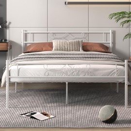 VECELO White Queen Size Bed Frame with Headboard/Metal Platform Base/Mattress Foundation/Steel Slat Support/No Box Spring Needed/Easy Assembly