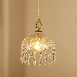 LYTSNUGIC Small Vintage Crystal Pendant Light Kitchen Island,French Brass Glass Mini Hanging Light,Adjustable Height Single Light Fixture, Gold Antique Chandelier for Bathroom,Dining Room,Bedroom