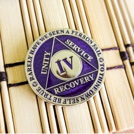 4 Year Sobriety Coin | Legacy AA Chip | Thick Triplate Recovery Anniversary Token (Purple)