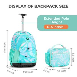 Choco Mocha Teal Rolling Backpack for Girls with Lunch Bag, Large Travel Rolling Backpack Set for Teen Girls Middle School 18 Inch, Green