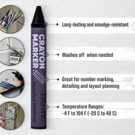 Universal Crayon Wax Marker for Industrial and Craft Detailed Marking on Lumber Metal Carton Ceramics Concrete Glass Plastic Tire 4 x 1/2", Pack of 6 (Black)
