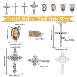 SUNNYCLUE 1 Box 40Pcs 8 Styles Rosary Cross Charms Crucifix Charm Bulk Easter Tibetan Silver Oval Chandelier Links Rosary Connectors Cross Charm Findings for Jewelry Making Supplies DIY Necklace Craft