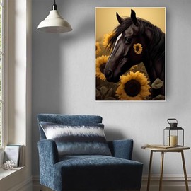 HMDIIMGE Black Horse Sunflower Diamond Painting Kit Adults, Multi Color 5D Diamond Art, for Farmhouse Home Bathroom Wall Decor 12x16 inch