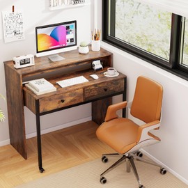 Tangkula Extendable Computer Desk with 2 Storage Drawers, Convertible Home Office Desk with Monitor Shelf, Metal Frame & Lockable Wheels, Rolling Study Writing Desk (Brown)