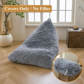 XeGe Fluffy Kids Stuffed Animal Storage Bean Bag Cover (No Filler), Fuzzy Faux Fur Beanbag Organizer with Handle for Teens Girls Adults, Shaggy Furry Plush Toys Holder Floor Lounger Chair, Light Grey