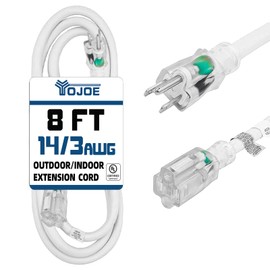 YOJOE Indoor Outdoor Extension Cord with Lighted End, 3 Prong 15A Weatherproof Power Cord, 14 Gauge Heavy Duty 8 ft White Extension Cord for Garage, Garden and Home, 14/3 SJTW UL Listed