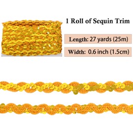 Sequin Braid Trim, 0.6 Inch Wave Sequin Strip, Glitter Metallic Paillette Sequin Ribbon, Embellishment DIY Sewing Costume, 27 Yards, Gold