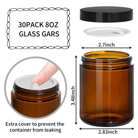 KEYWING 30Packs Amber Glass Jars with Black Lids, 8 oz Empty Cosmetic Jars with Inner Liners, Round Lotion Containers for Cream, Powders and Ointments