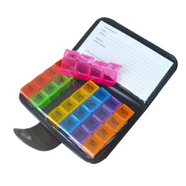 SEIWEI Medication Organizer 28 Compartments Pill Organizer Big Pill Container with PU Memo Remember