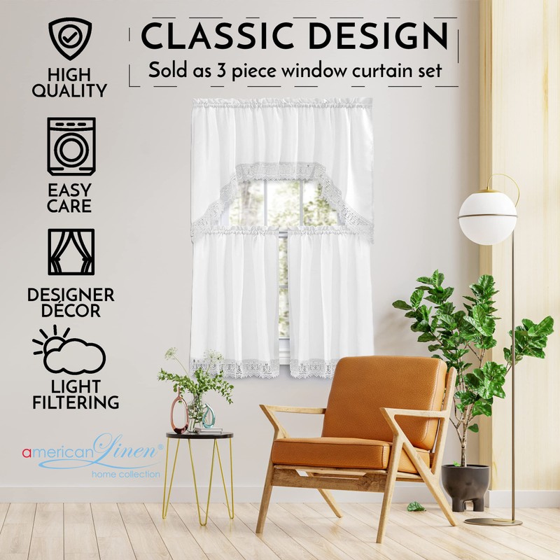 Café Curtains for Kitchen, Bathroom Curtains with Valance, Embroidered Lace