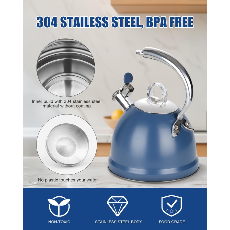 Harriet Tea Kettle Stovetop, 2.5 Quart Whistling Stainless Steel Tea
