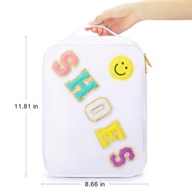 BAGWORLD Cute Shoe Bag Water Resistant Shoe Pouch Holds 3 Pair of Shoes Organizer Travel Essentials with Chenille Letter Patches, White, Travel Shoe Bag