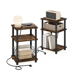 Furinno JUST Side Table Set of 2, 3-Tier End Table with Charging Station, Open Shelf Night Stand, Bedside Table with USB and Type-C Charging Port, for Living Room, Bedroom, Amber Pine