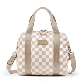 Lunch Bag Women Insulated Lunch Box,Cute Lunch bags,Reusable Large Capacity Leakproof Cooler Bag with Adjustable Shoulder Strap, Retro Checkered Brown Lunch tote for Work Office Picnic Travel