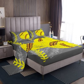 Erosebridal Softball Sheet Set Twin,Softball Bed Sheets for Kids Teens Girls,Grunge Yellow Grey Sports Bedding Set for Boys,Softball Gift,Ball Game Fitted Sheet + Top Sheet + 1 Pillowcase